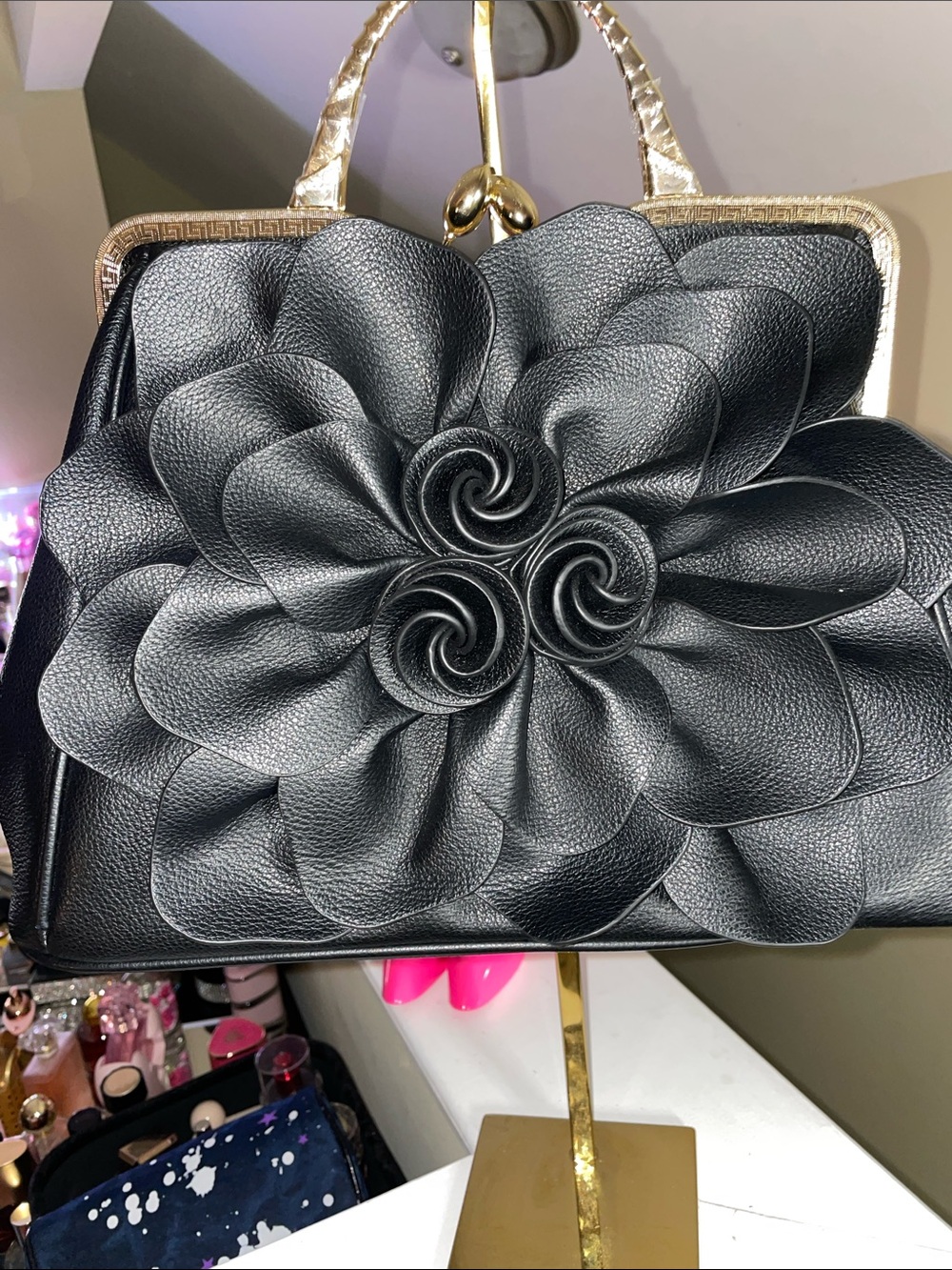 Black Floral Appliqué Frame-Top Women's Handbag